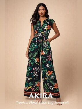 AKIRA Tropical Floral Wide Leg Jumpsuit Size M Black Multi V-Neck Cap Sleeve